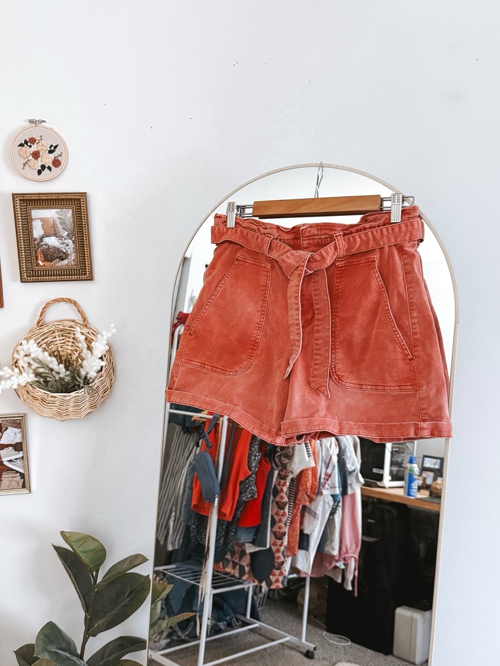 LOFT Coral Red High-Waist Paperbag Belted Shorts - Picture 2 of 9